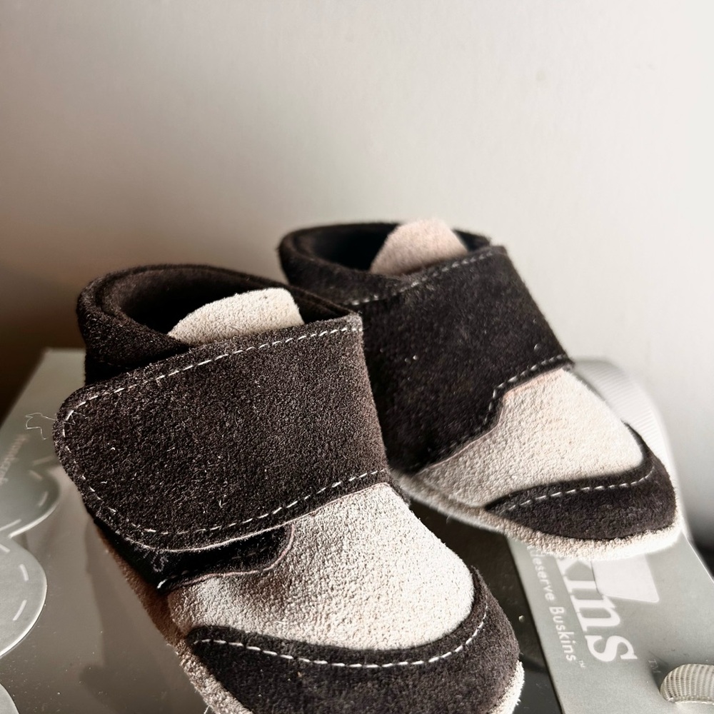 100% leather Suede Baby Crib Shoes Black and Cream. Handmade in Australia 0-6m